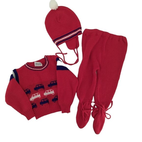 Vintage Knit Baby Outfit Size 6-12 Footie Pants Sweater Pompom Earflap Hat Cars - Picture 1 of 10